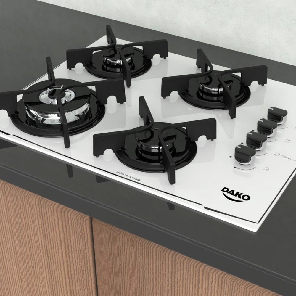 Cooktop Dako 4 Bocas Glass Turbo com Tripla Chama, Branco Supermuffato
